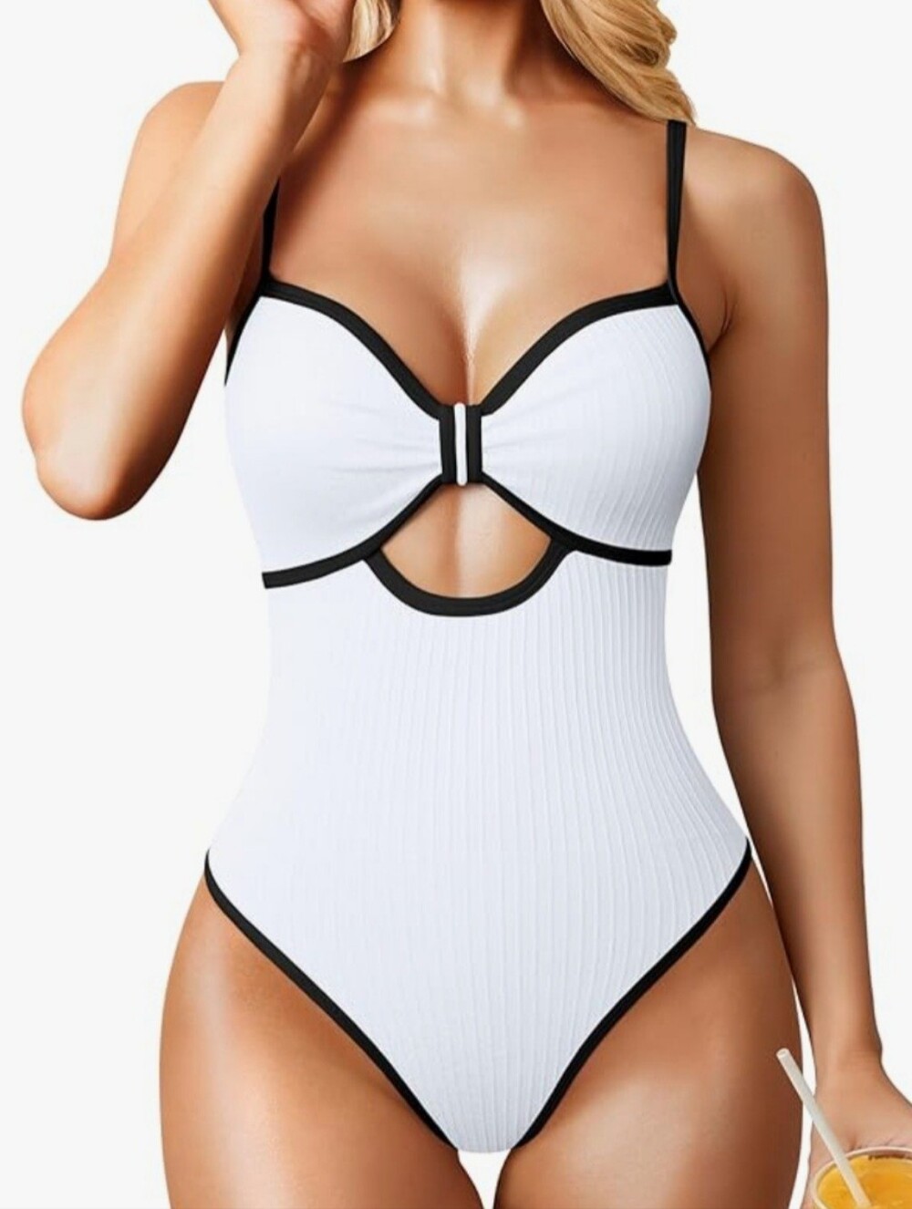 White Ribbed One-Piece Swimsuit with Black Trim. Size Small. NWOT.